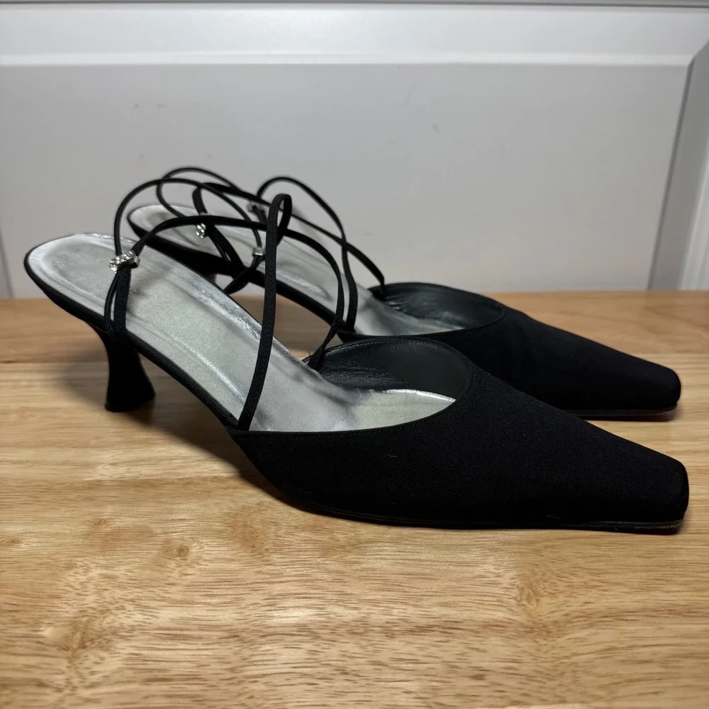Stuart Weitzman Black Satin Pointed Toe Kitten Heels Rhinestone Straps Womens 8M